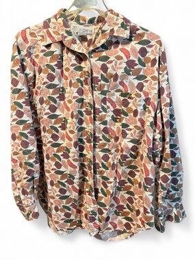 Vintage 100% Cotton Chrysantheme Long-Sleeve Leaf Print Button-Down Shirt
